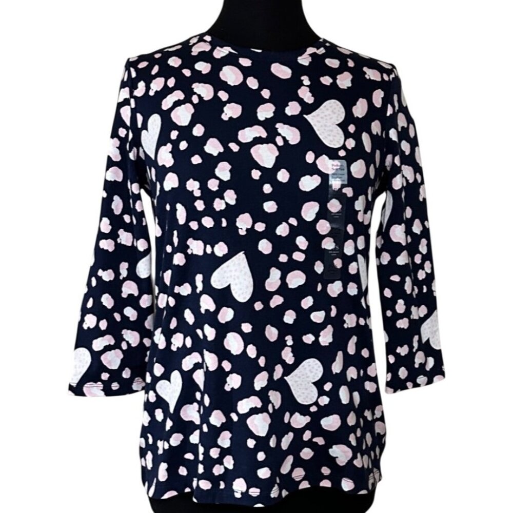 Kim Rogers Perfectly Soft Tee Hearts Print Navy & Pink 100% Cotton Women Size PS